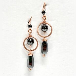HAND CRAFTED Hematite Wire Wrapped Copper Dangle Earrings, Handmade Jewelry Gift